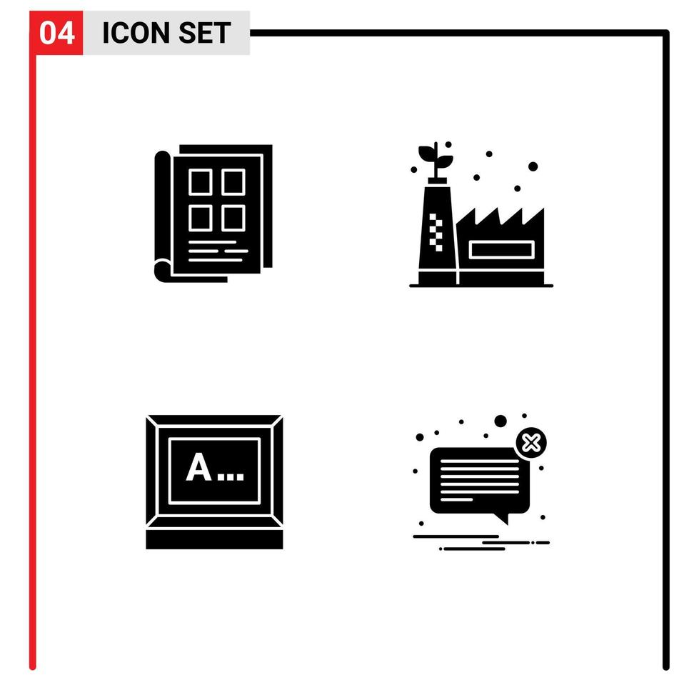 Set of 4 Commercial Solid Glyphs pack for book typing notebook ecology factory monitor Editable Vector Design Elements