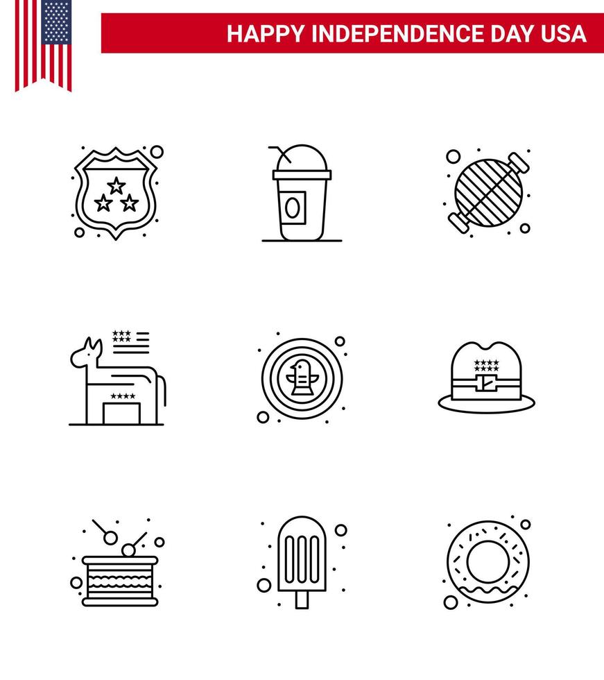 feliz día de la independencia paquete de iconos de 9 líneas para web e impresión comida política americana fiesta americana elementos de diseño vectorial del día de estados unidos editables vector
