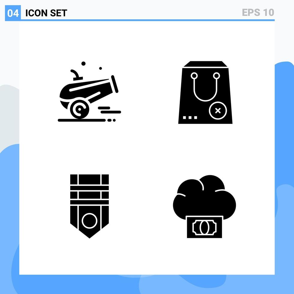 Modern 4 solid style icons. Glyph Symbols for general use. Creative Solid Icon Sign Isolated on White Background. 4 Icons Pack. vector