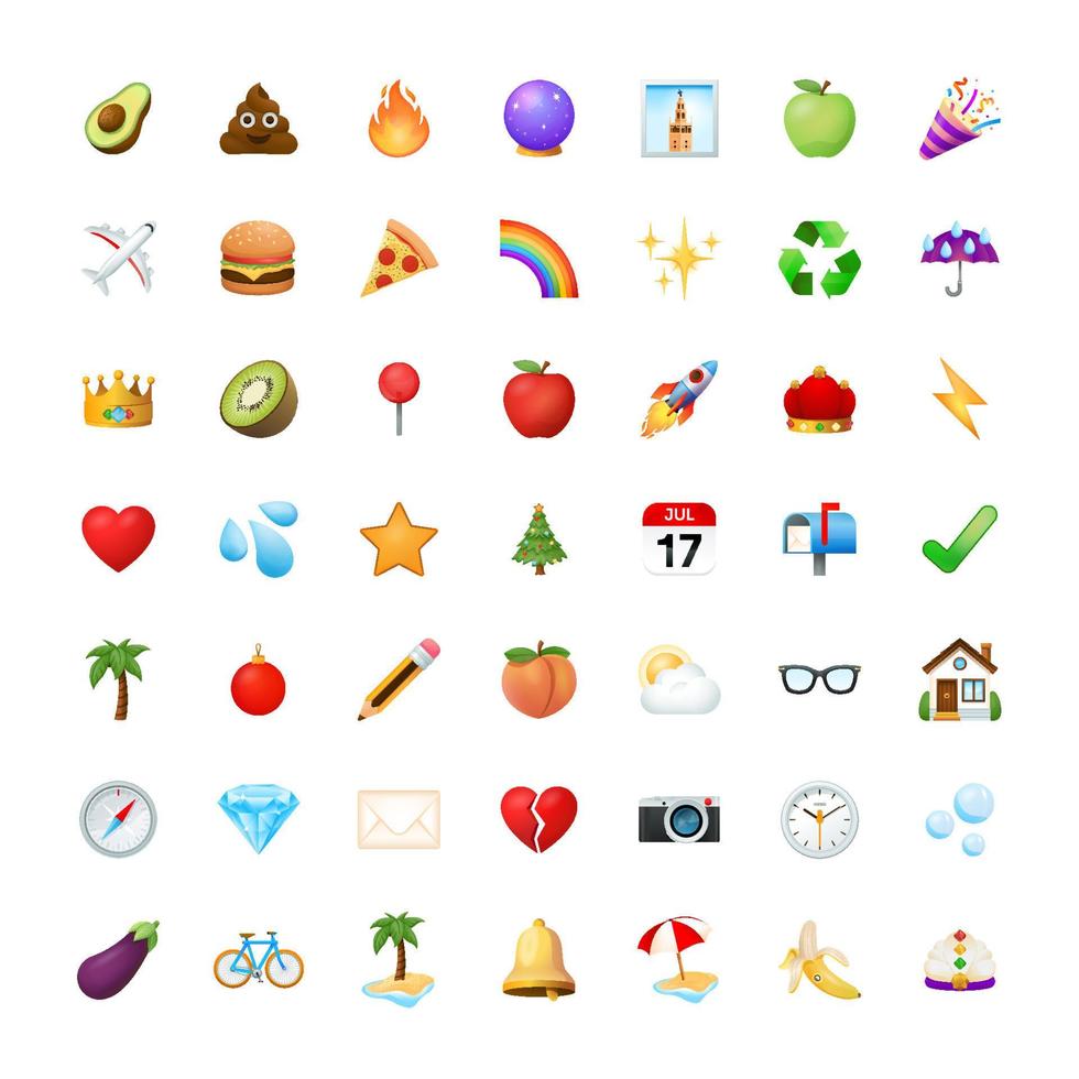 conjunto de vectores emoji. comida y bebida, lugares y viajes, actividades, objetos.