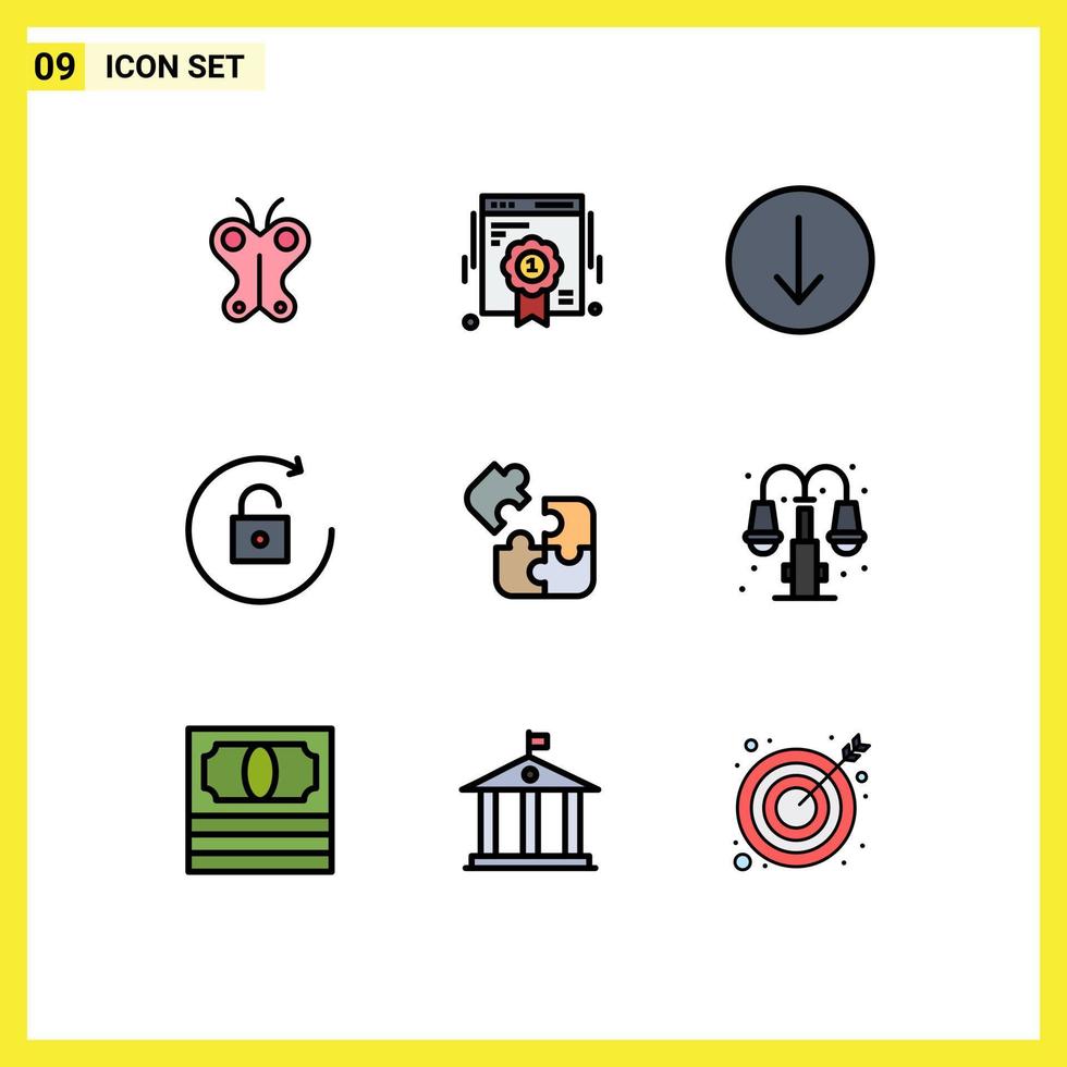 Universal Icon Symbols Group of 9 Modern Filledline Flat Colors of solution puzzle arrow jigsaw rotate Editable Vector Design Elements