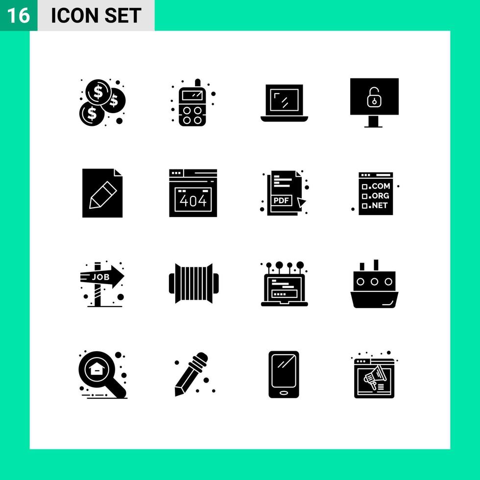 Pack of 16 Modern Solid Glyphs Signs and Symbols for Web Print Media such as http error error laptop pencil document Editable Vector Design Elements