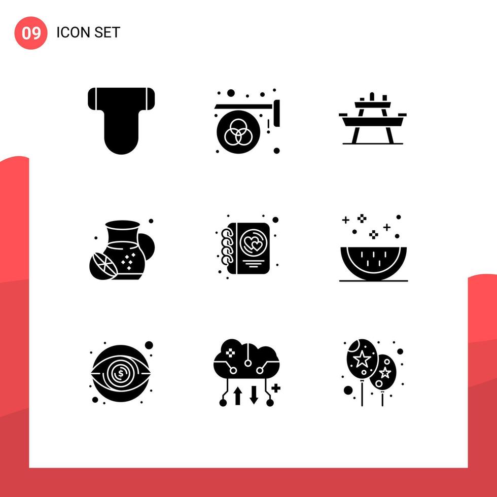 Mobile Interface Solid Glyph Set of 9 Pictograms of lemonades summer print food seat Editable Vector Design Elements