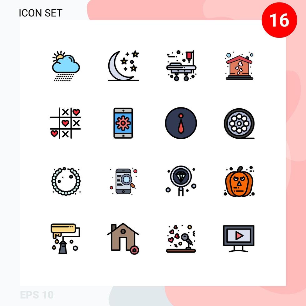 Modern Set of 16 Flat Color Filled Lines Pictograph of application love stretcher heart sweet home Editable Creative Vector Design Elements