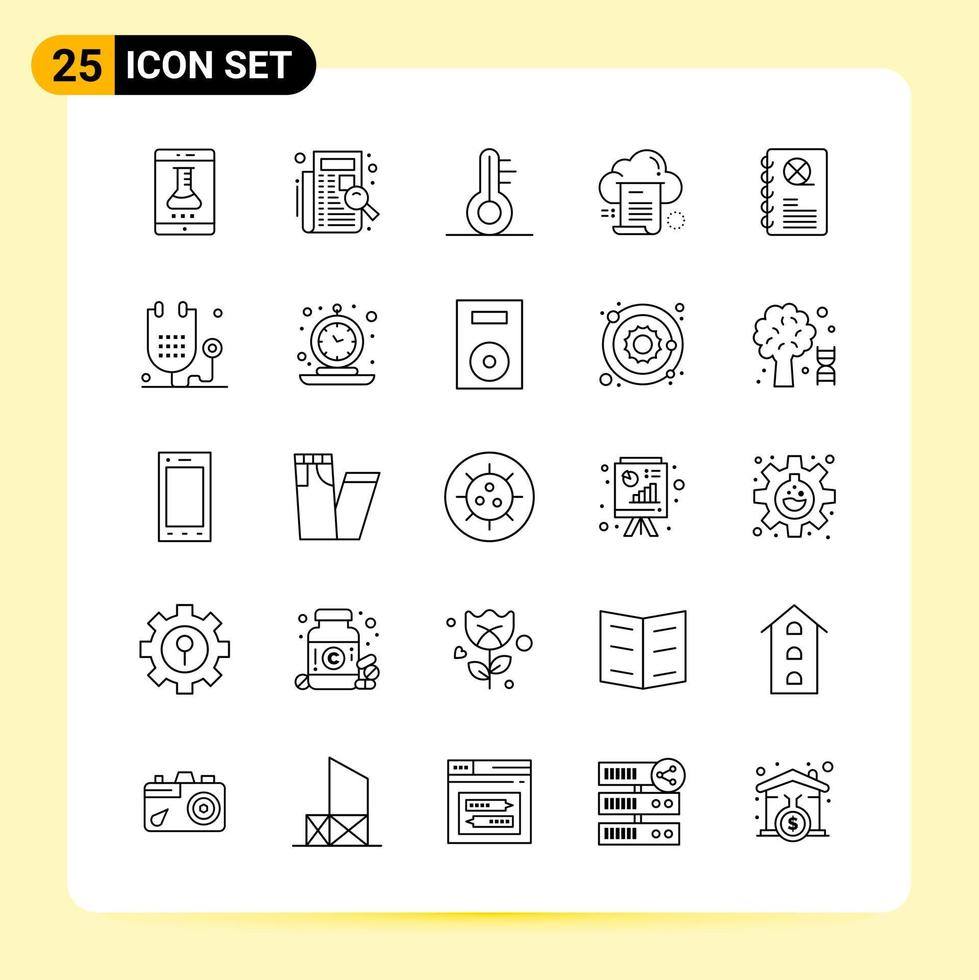 25 íconos creativos para el diseño moderno de sitios web y aplicaciones móviles receptivas. 25 signos de símbolos de contorno sobre fondo blanco. Paquete de 25 iconos. vector