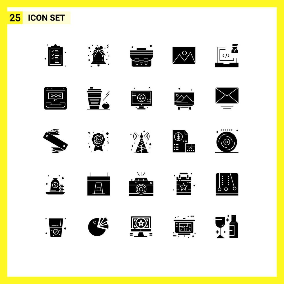 Mobile Interface Solid Glyph Set of 25 Pictograms of development coding school bag photo home ware Editable Vector Design Elements