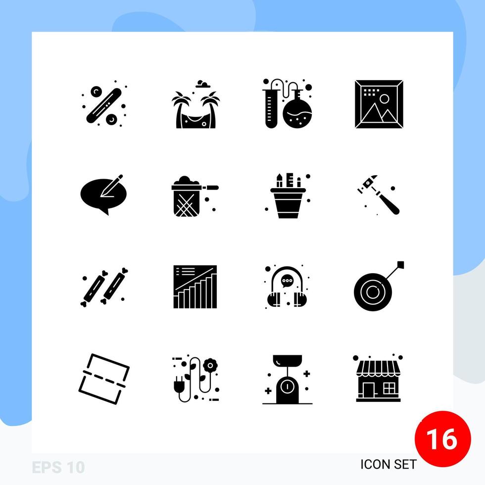 Pack of 16 Modern Solid Glyphs Signs and Symbols for Web Print Media such as message programing flask tube picture design Editable Vector Design Elements