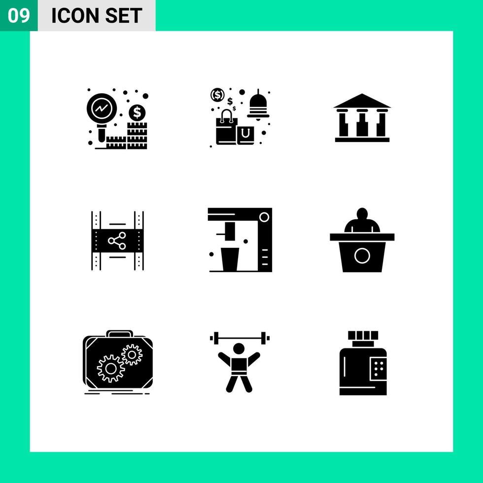 Universal Icon Symbols Group of 9 Modern Solid Glyphs of coffee maker pp shopping movie distribution Editable Vector Design Elements