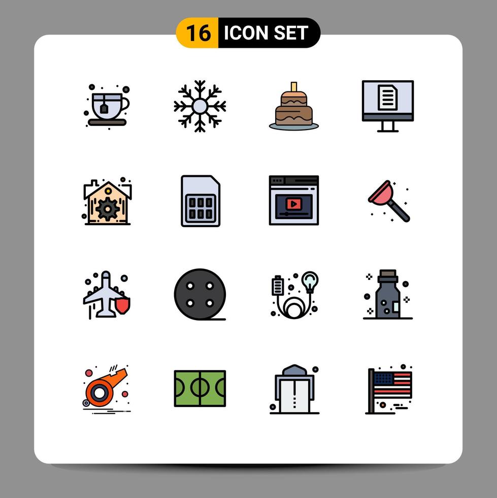 16 Thematic Vector Flat Color Filled Lines and Editable Symbols of settings estate indian office computer Editable Creative Vector Design Elements