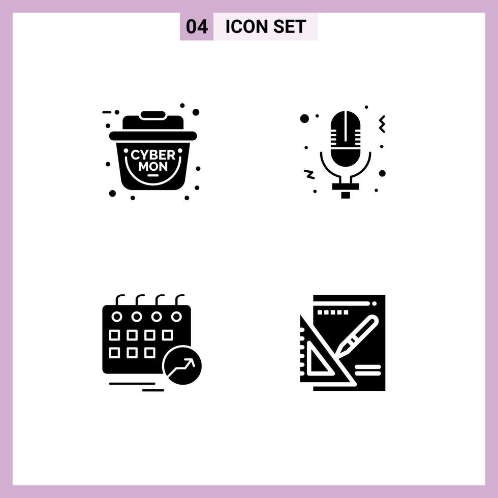 Group of 4 Modern Solid Glyphs Set for basket date day women arrow Editable Vector Design Elements