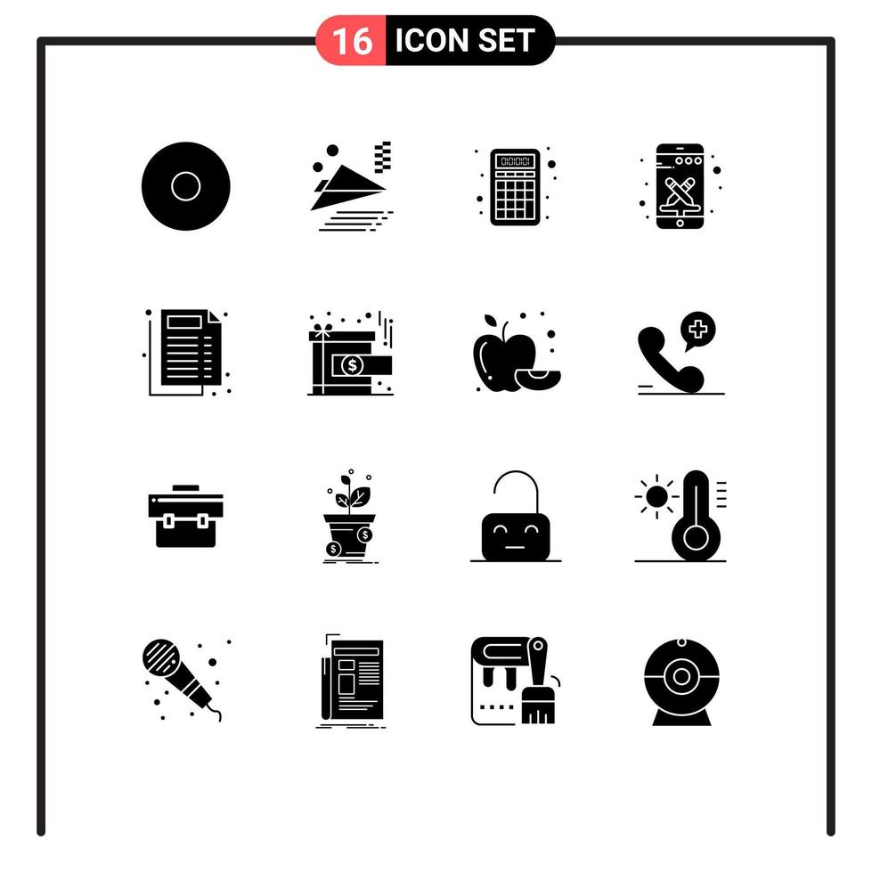 16 Solid Glyph concept for Websites Mobile and Apps gift document education report tools Editable Vector Design Elements
