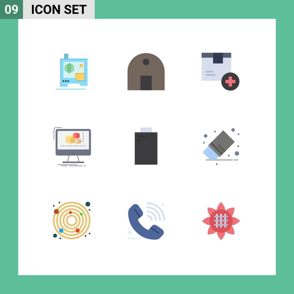 Mobile Interface Flat Color Set of 9 Pictograms of software editor add computer product Editable Vector Design Elements