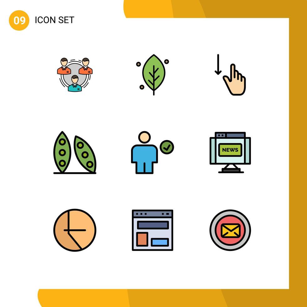 Pack of 9 Modern Filledline Flat Colors Signs and Symbols for Web Print Media such as cooking hand leaf gestures finger Editable Vector Design Elements