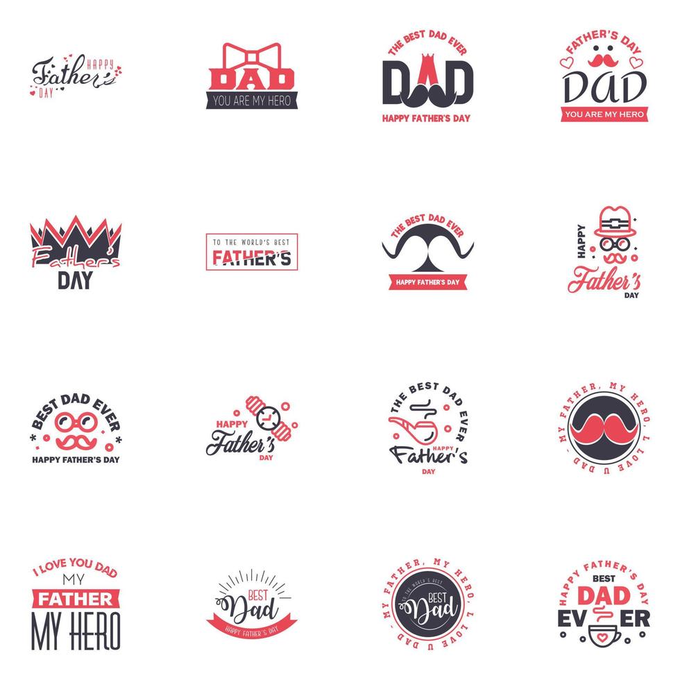 Set of fathers day 16 Black and Pink design elements Editable Vector Design Elements