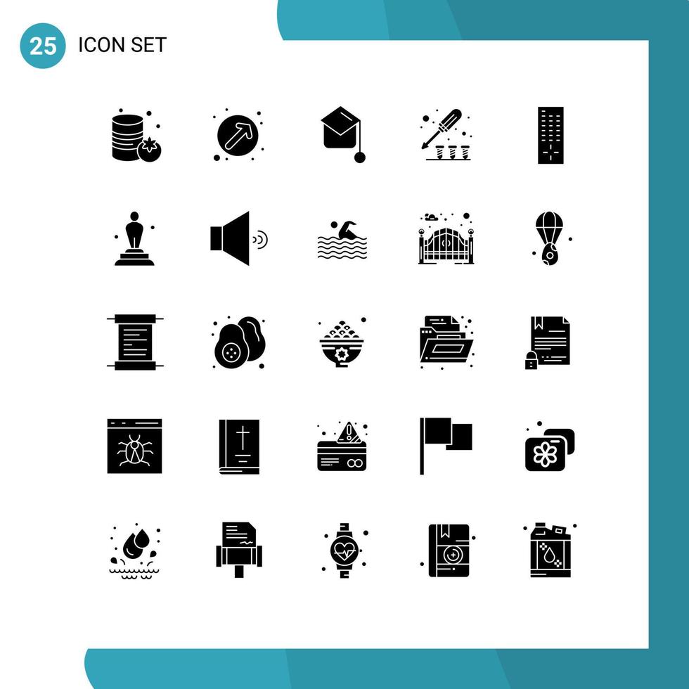 25 User Interface Solid Glyph Pack of modern Signs and Symbols of tv control graduation screw screw Editable Vector Design Elements