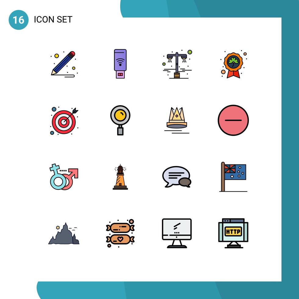 Modern Set of 16 Flat Color Filled Lines Pictograph of target arrow street badge patrick Editable Creative Vector Design Elements