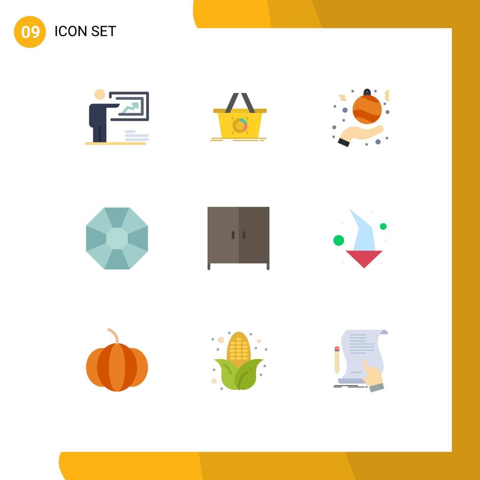 conjunto de pictogramas de 9 colores planos simples de elementos de diseño de vector editables a mano joya comercial presente interior