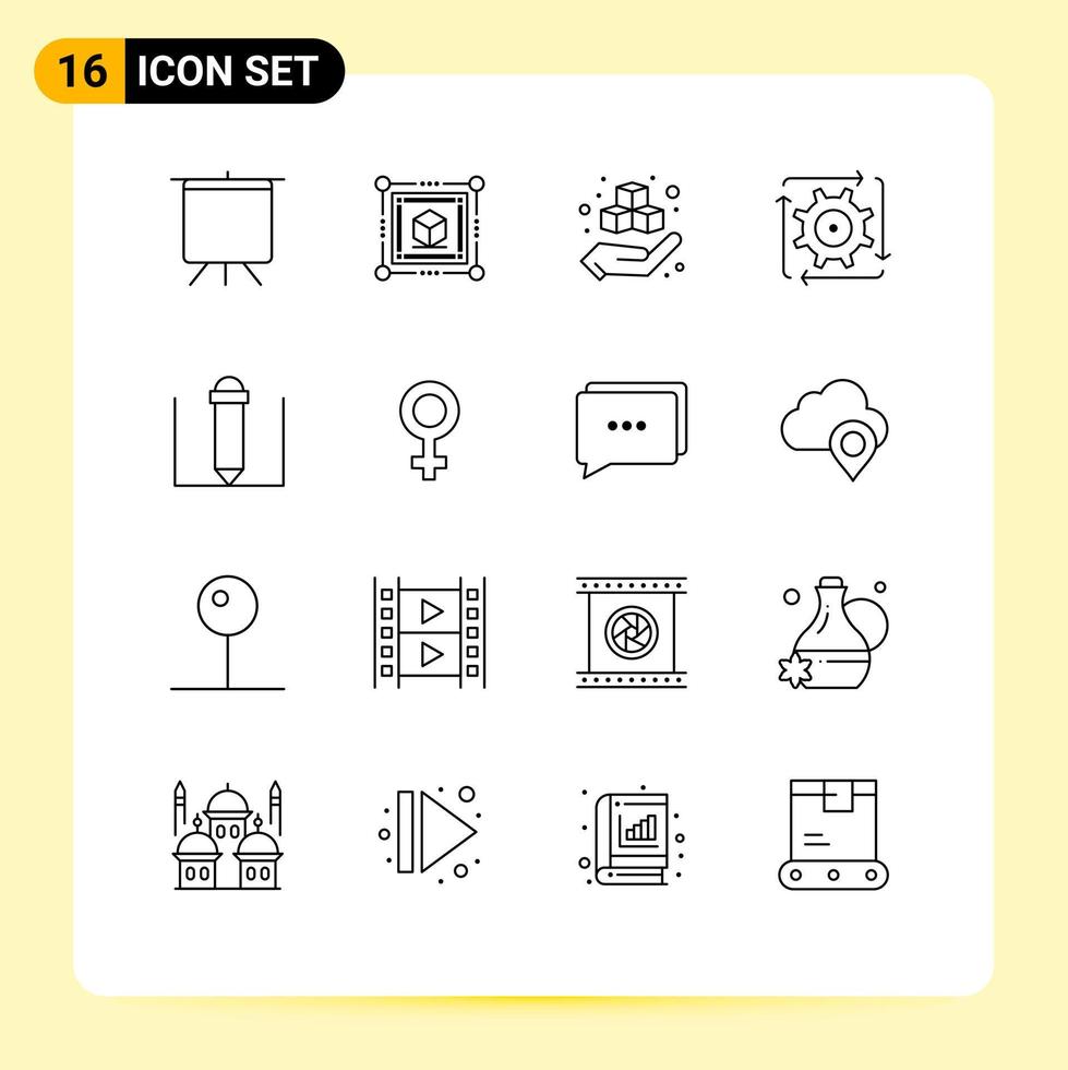 Group of 16 Outlines Signs and Symbols for female pencil hand operation development Editable Vector Design Elements