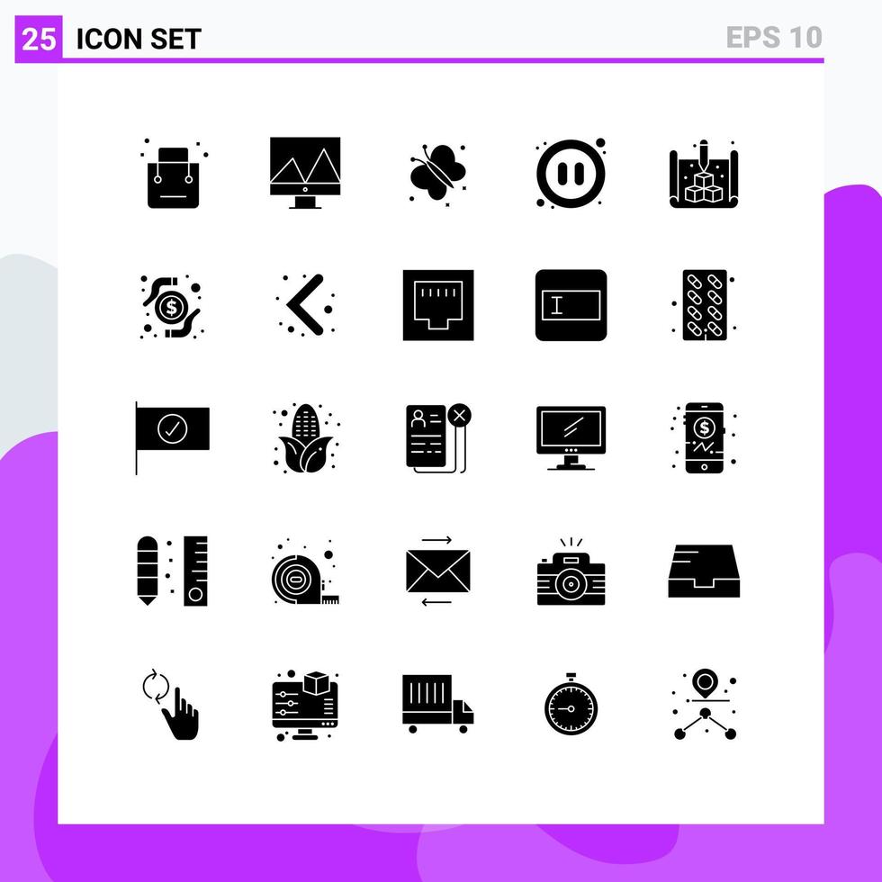 Universal Icon Symbols Group of 25 Modern Solid Glyphs of blueprint video butterfly pause audio Editable Vector Design Elements