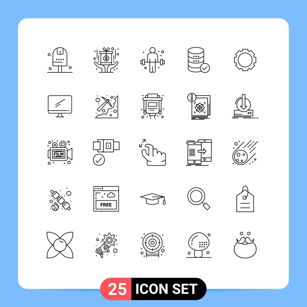 Mobile Interface Line Set of 25 Pictograms of gear service fund security weightlifting Editable Vector Design Elements