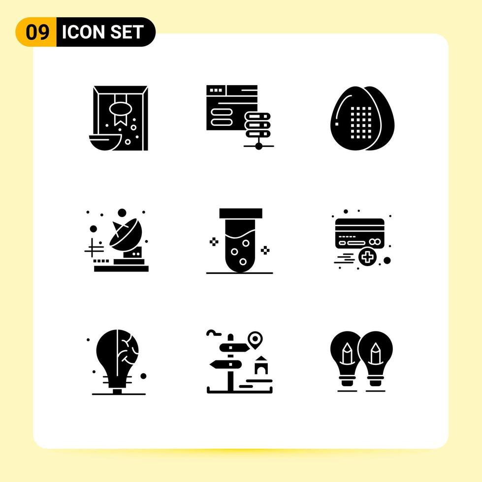 Group of 9 Modern Solid Glyphs Set for lab transmitter cooking telecommunication meal Editable Vector Design Elements