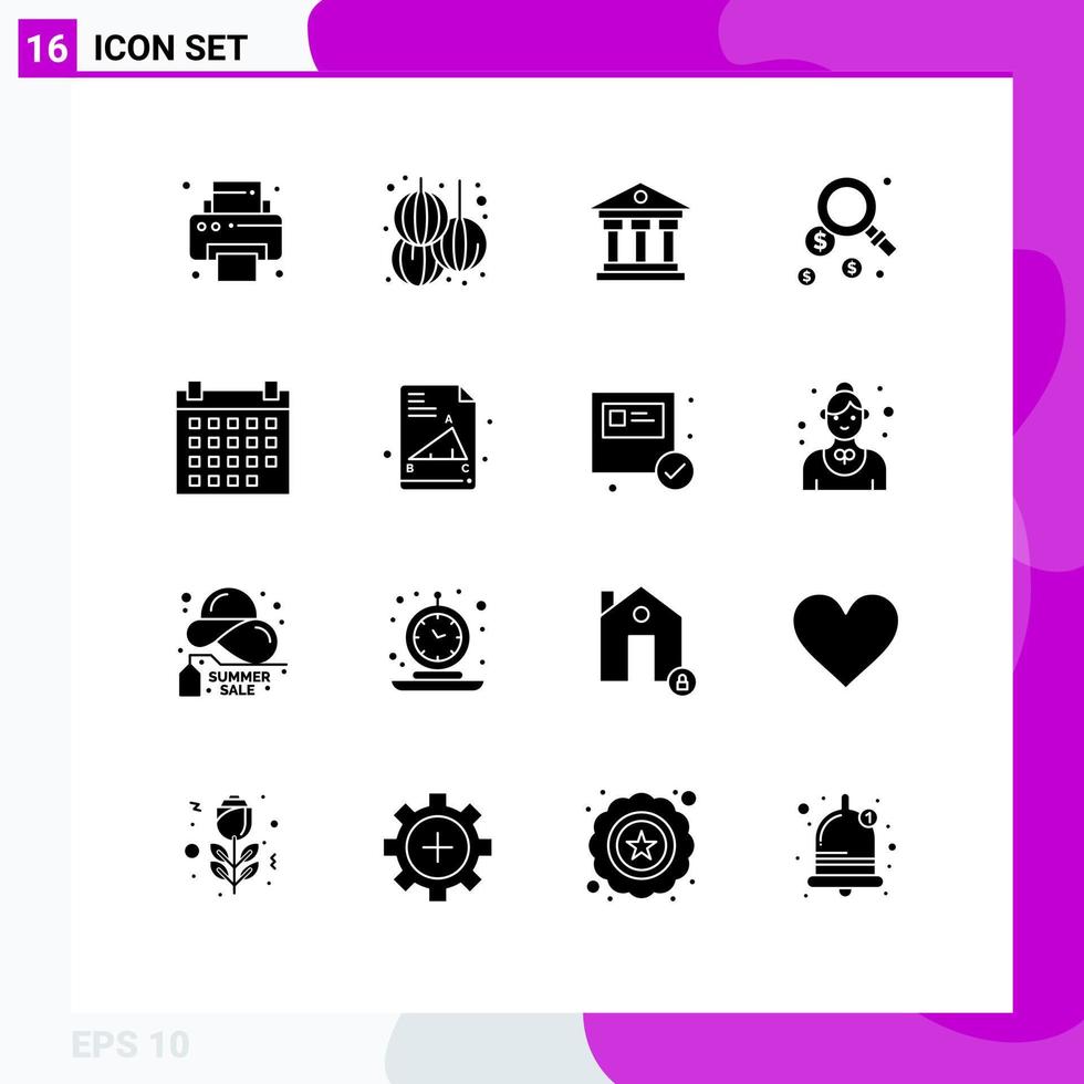 Mobile Interface Solid Glyph Set of 16 Pictograms of event date institution calendar search Editable Vector Design Elements