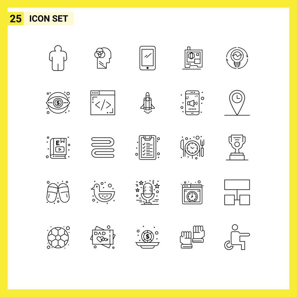 25 Thematic Vector Lines and Editable Symbols of generation bulb smart phone scanner printer Editable Vector Design Elements