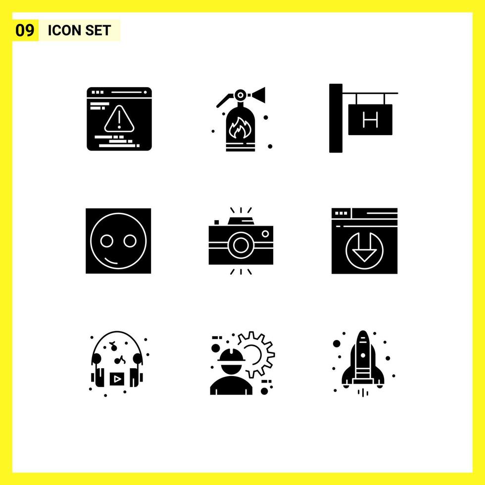 9 Solid Glyph concept for Websites Mobile and Apps retro camera vacation antique camera equipment Editable Vector Design Elements