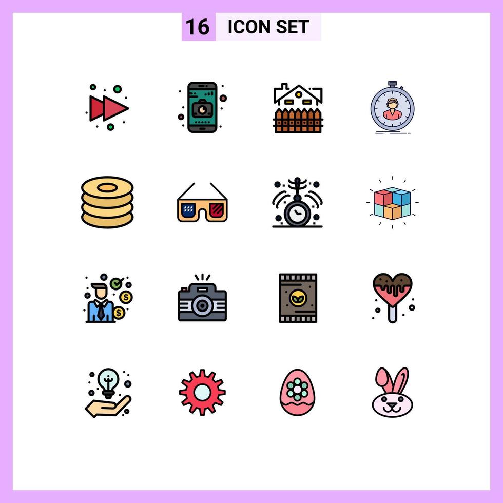 16 Universal Flat Color Filled Lines Set for Web and Mobile Applications drink girl construction timer speed Editable Creative Vector Design Elements
