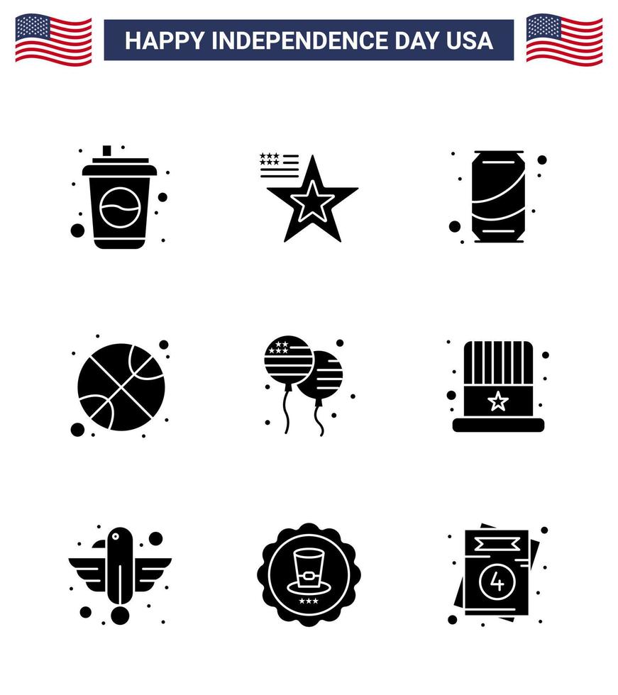 Set of 9 Vector Solid Glyphs on 4th July USA Independence Day such as bloons day beer sports basketball Editable USA Day Vector Design Elements