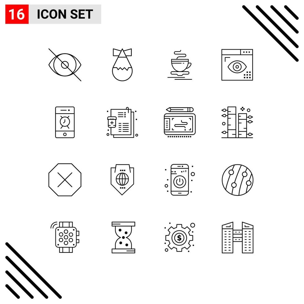 Set of 16 Modern UI Icons Symbols Signs for alarm page tea development coding Editable Vector Design Elements