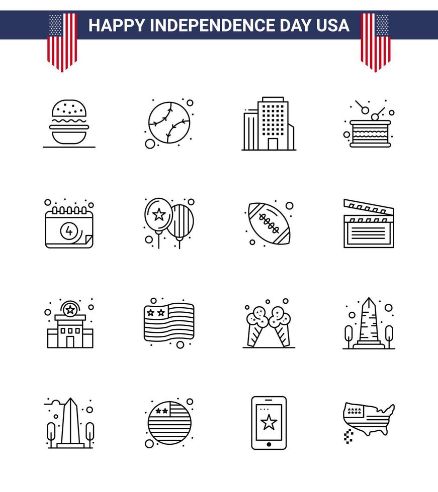 4 de julio estados unidos feliz día de la independencia icono símbolos grupo de 16 líneas modernas de calendario construcción de la independencia tambor de independencia editable día de estados unidos elementos de diseño vectorial vector