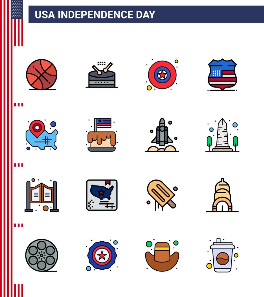 Pack of 16 USA Independence Day Celebration Flat Filled Lines Signs and 4th July Symbols such as usa map badge security sign Editable USA Day Vector Design Elements