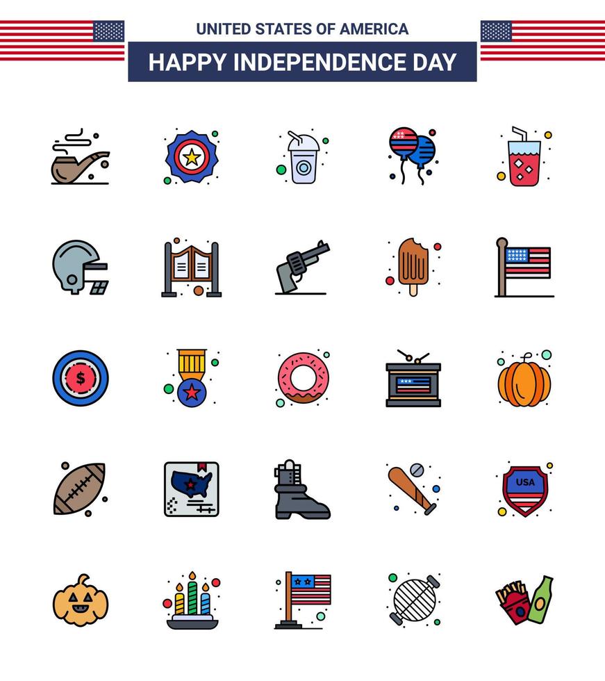 paquete de feliz día de la independencia de 25 líneas planas llenas de signos y símbolos para jugo alcohol cola american bloons elementos de diseño de vector de día de estados unidos editables