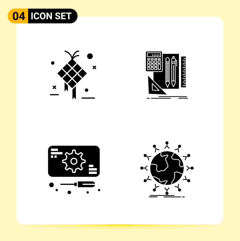 4 íconos creativos para el diseño moderno de sitios web y aplicaciones móviles receptivas. 4 signos de símbolos de glifo sobre fondo blanco. Paquete de 4 iconos. vector