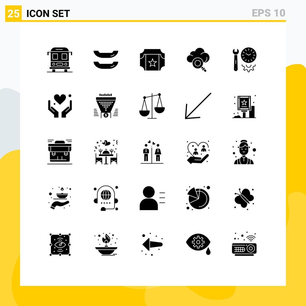 Group of 25 Solid Glyphs Signs and Symbols for heart tools cloud settings options Editable Vector Design Elements