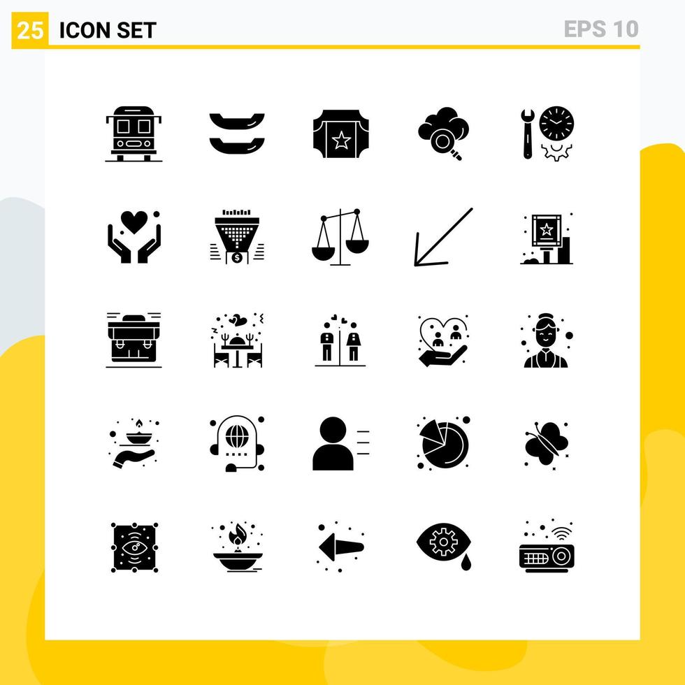 grupo de 25 signos y símbolos de glifos sólidos para herramientas cardíacas opciones de configuración de nube elementos de diseño vectorial editables vector