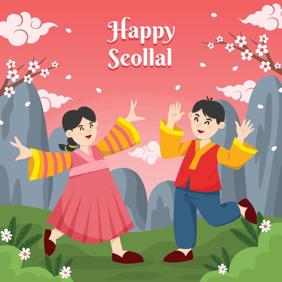 A Couple Celebrating Seollal vector