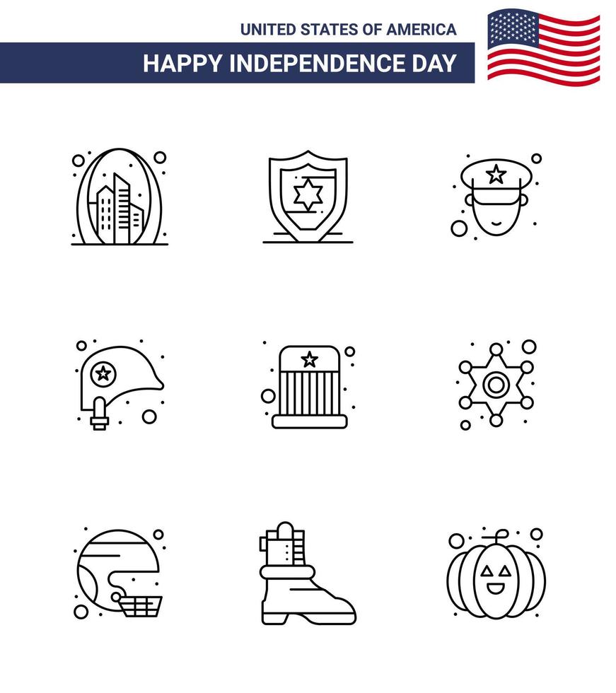 9 señales de línea para el día de la independencia de EE. UU. Niños circo hombre estrella casco editable día de EE. UU. Elementos de diseño vectorial vector