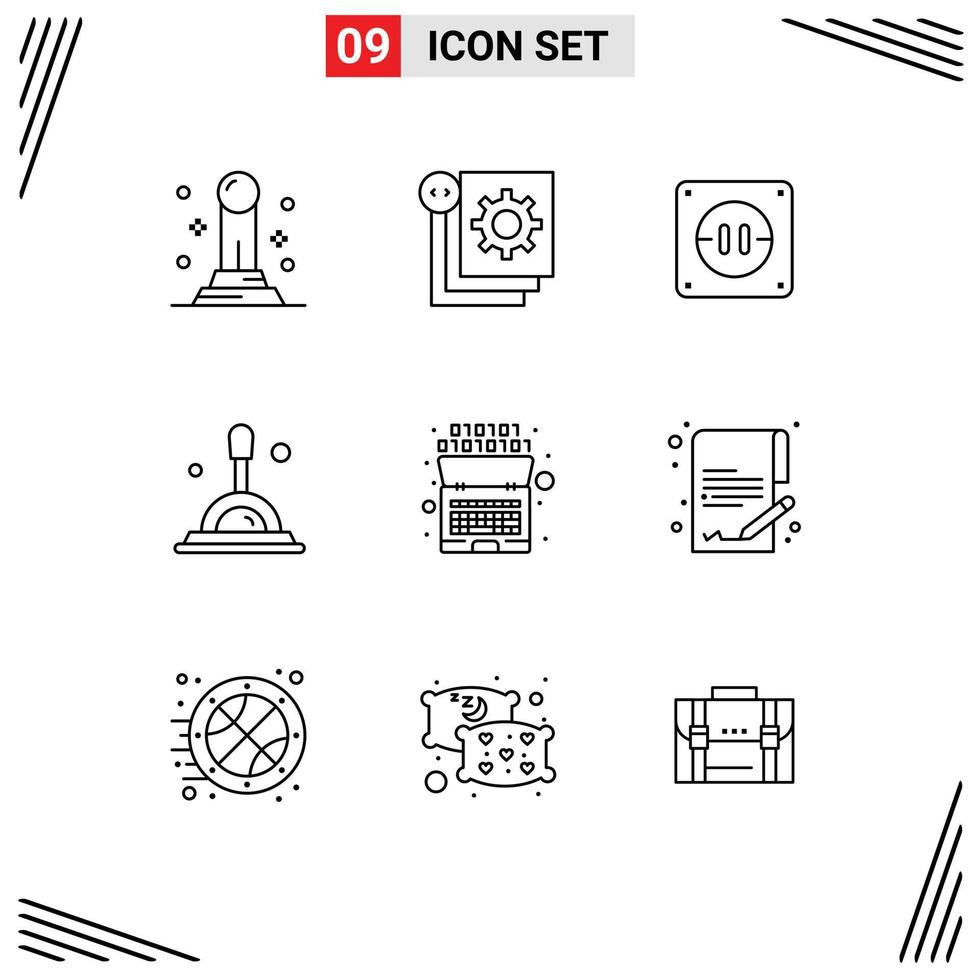 Group of 9 Outlines Signs and Symbols for intelligence binary electric artificial magnifying glass Editable Vector Design Elements