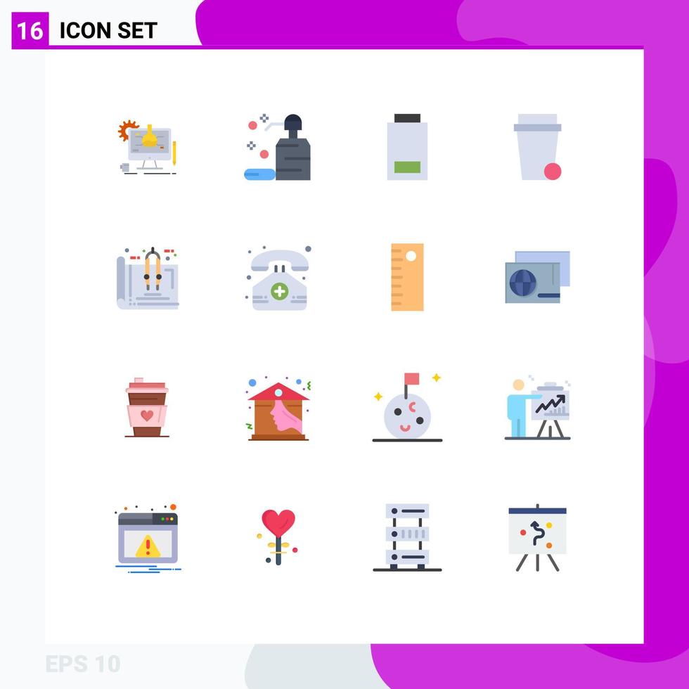 16 Universal Flat Color Signs Symbols of estate tools battery cleaning glass Editable Pack of Creative Vector Design Elements