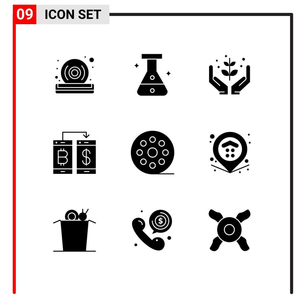 Group of 9 Solid Glyphs Signs and Symbols for cinema transection farming smartphone cashless Editable Vector Design Elements