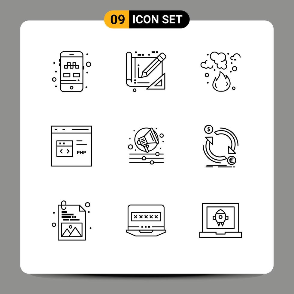 Set of 9 Modern UI Icons Symbols Signs for php develop burn coding smoke Editable Vector Design Elements