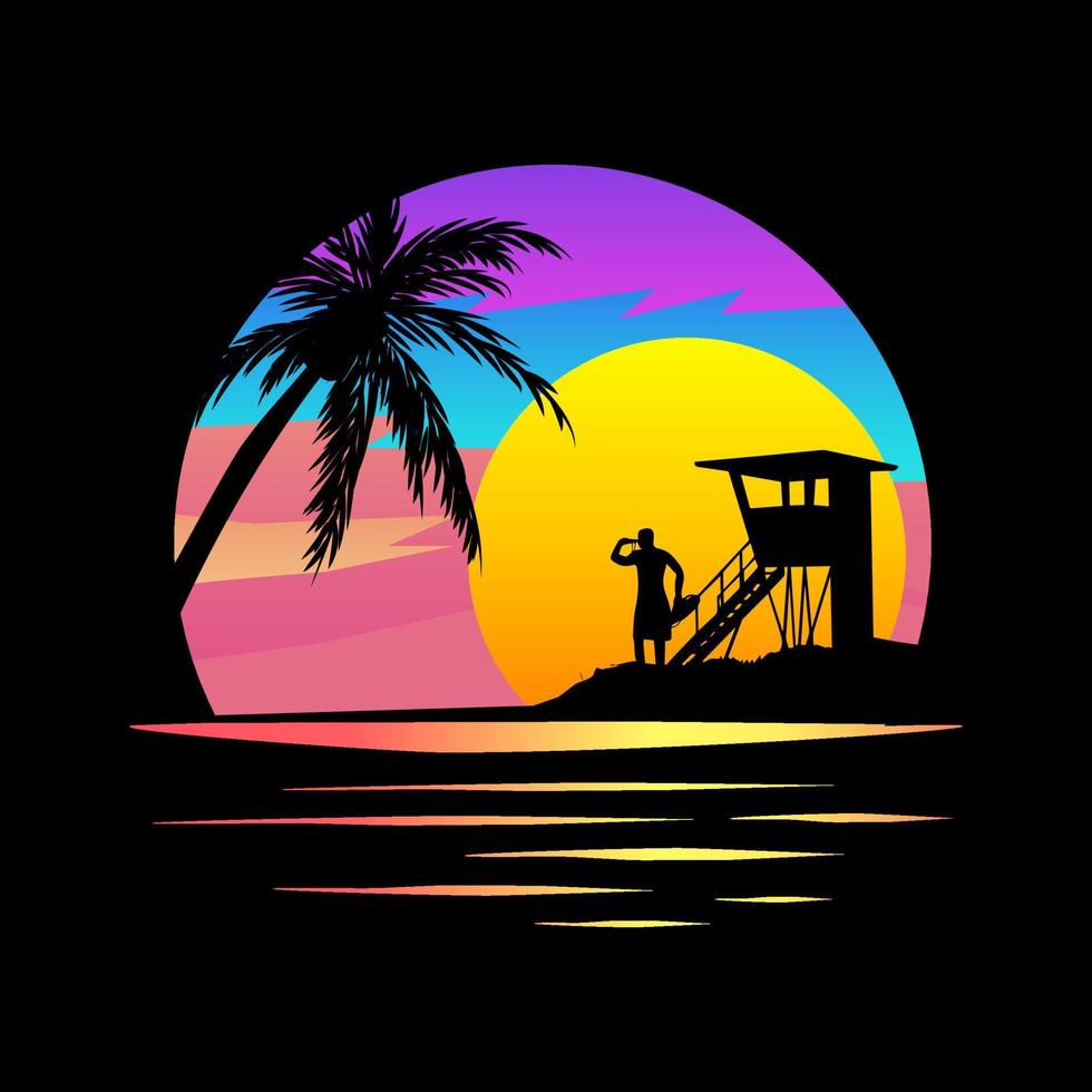 Baywatch  Apparel Graphic. Sunset on Tropical island. Vector graphic, black silhouette on vivid, colourful background. Palm trees, life guard and beach. Tshirt print ready graphic.