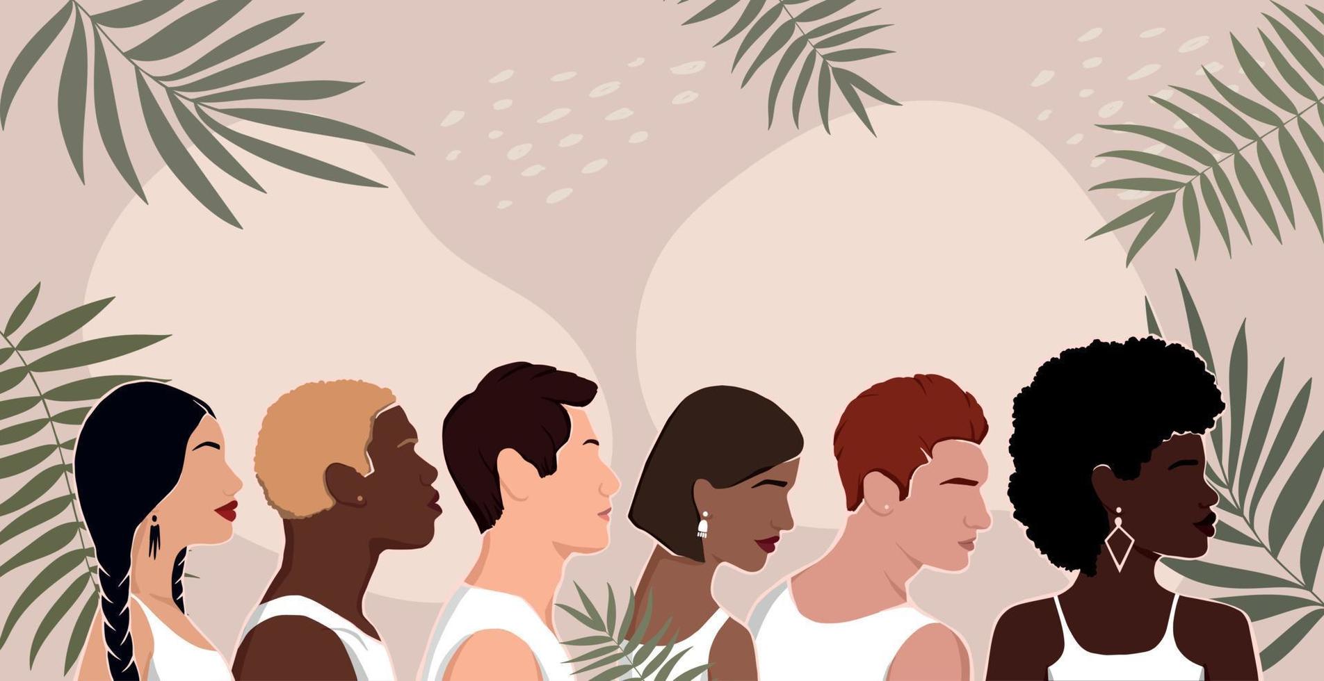 grupo de personas diversas de diferentes orígenes étnicos están de pie juntos. todas las personas son iguales. ilustración plana con flores y hojas. vector