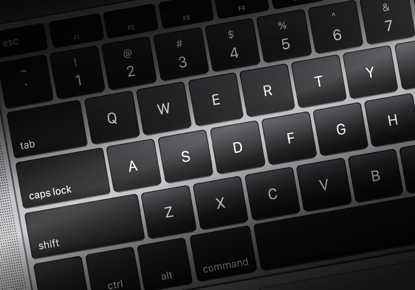 Realistic top view laptop keyboard background. close up of computer notebook keyboard with dark tone gradient. template of mobile computer backdrop. vector illustration.