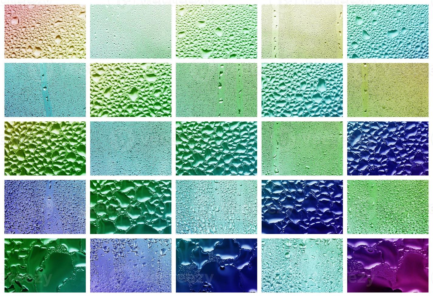 A collage of many different fragments of glass, decorated with rain drops from the condensate. Rainbow colors photo
