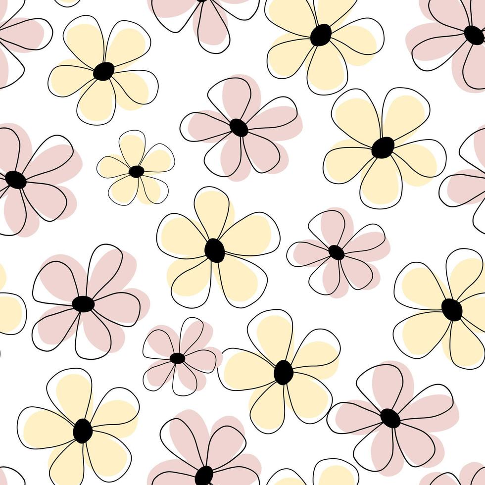 Seamless vector flower pattern with summer vibe. White flowers on the bright yellow background. Elegant seamless pattern with abstract flowers, design elements. Floral pattern for invitations, cards.