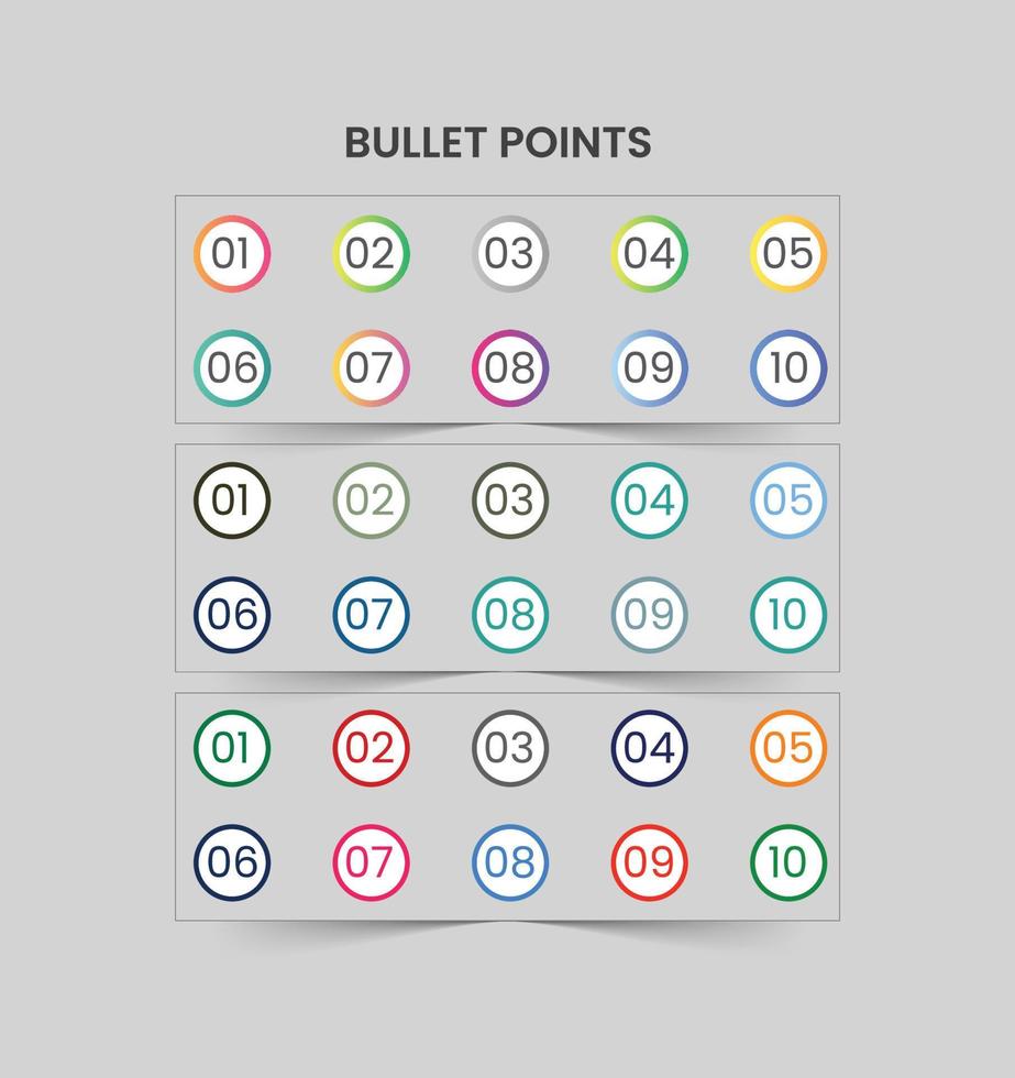 Colorful Number Bullet Point, Circles 1 to 10 Vector, gradient bullet vector