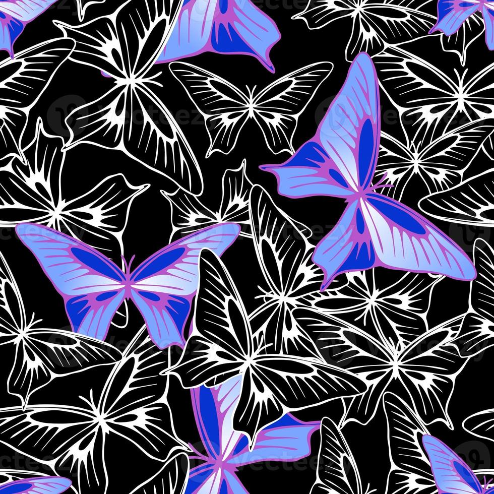 bright seamless pattern of blue-violet and black-and-white butterflies on a black background, texture, design photo